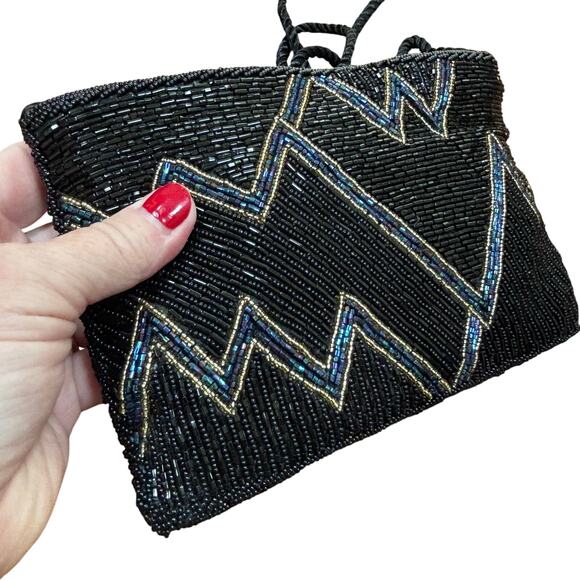 Vintage 1980’s black & blue beaded evening bag flapper prom purse mod geometric - Picture 3 of 12